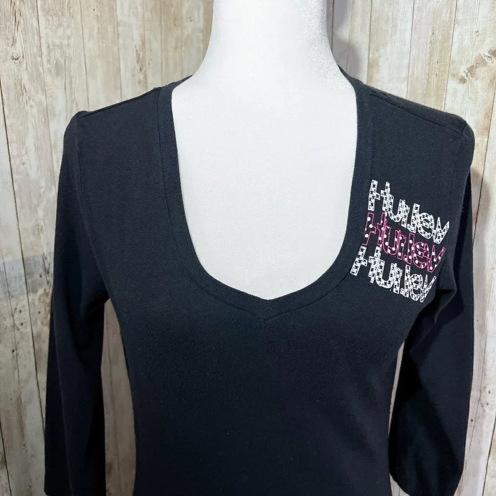 Women's Hurley Black Graphic Tee | 3/4 Sleeve | Size Medium | V-Neck Top - Picture 5 of 9